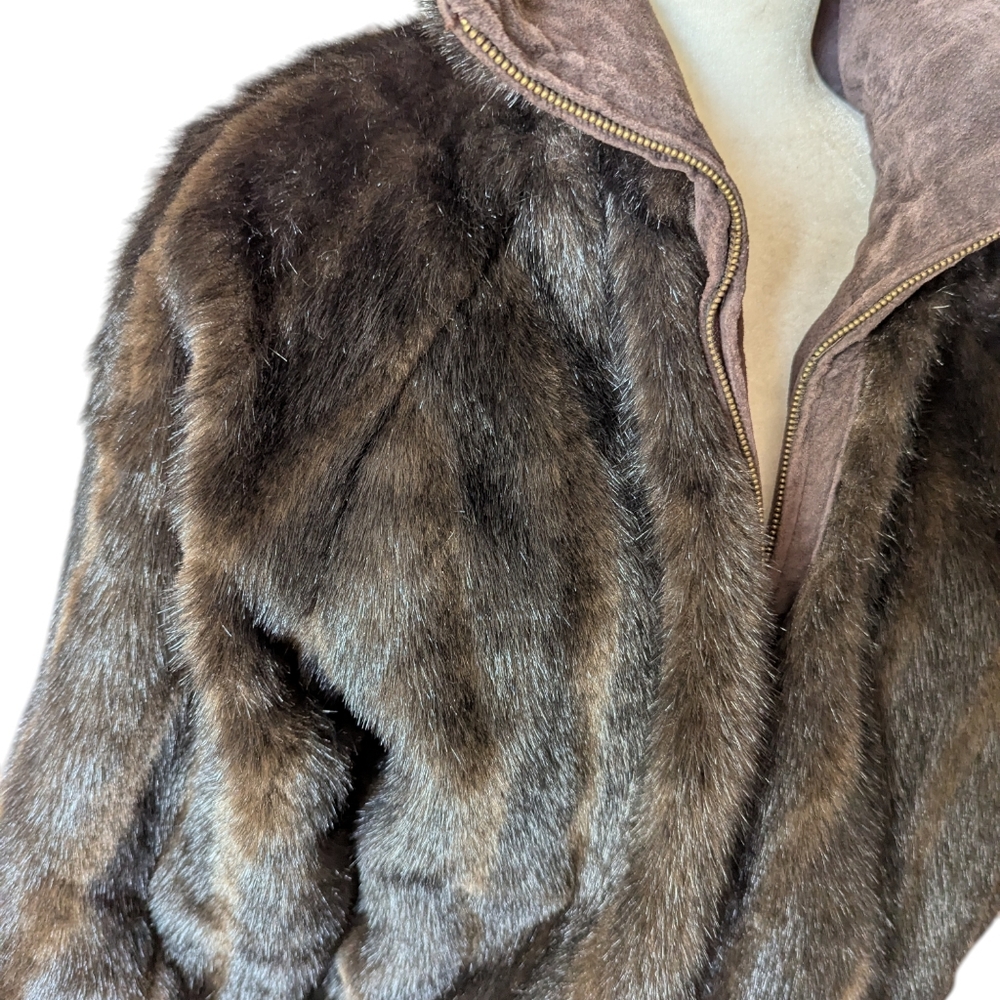 Reversible Chocolate Brown Suede & Plush Faux Mink Coat Luxe Winter Old Money L - Picture 6 of 12